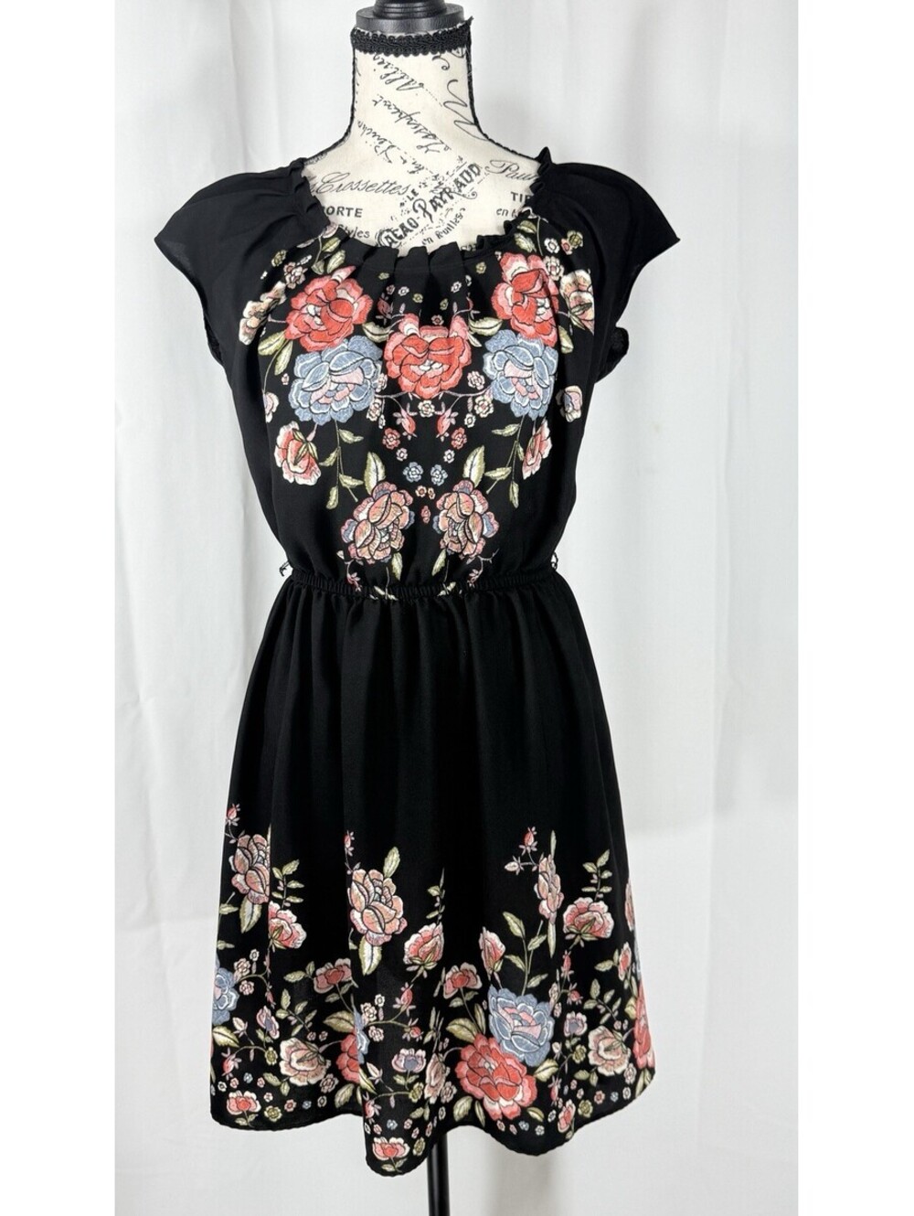 Lauren Conrad Womens Small Black Floral Embroidered Fit Flare Dress Tie Neck